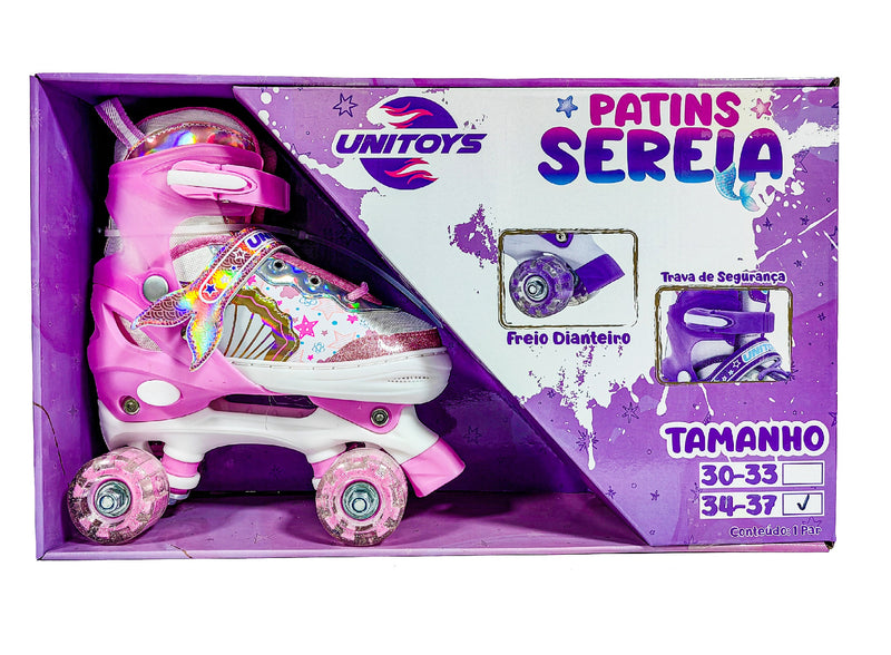 Patins Infantil Sereia Ajustável Quatro Rodas C/ Led