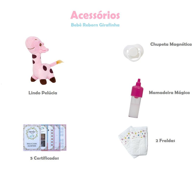 Boneca Bebê Reborn Realista C/ Acessórios e Pelúcia - Girafinha