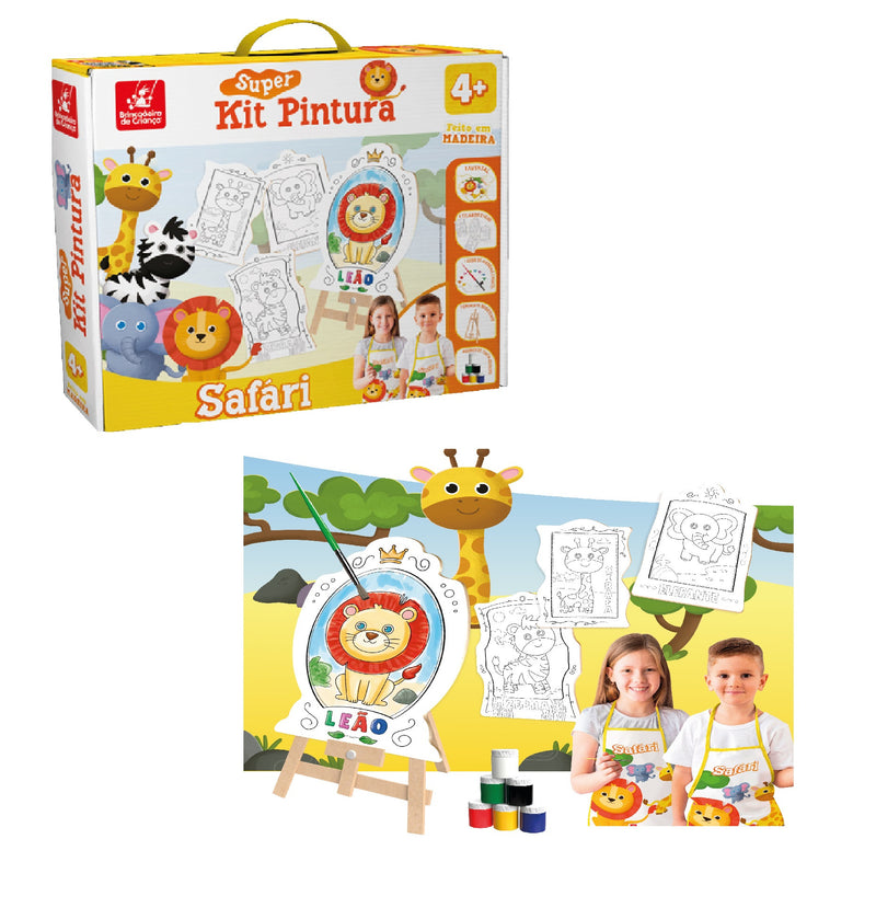 Super Kit Pintura Safari Cavalete + Telas + Guaches + Pincel + Avental + Godê