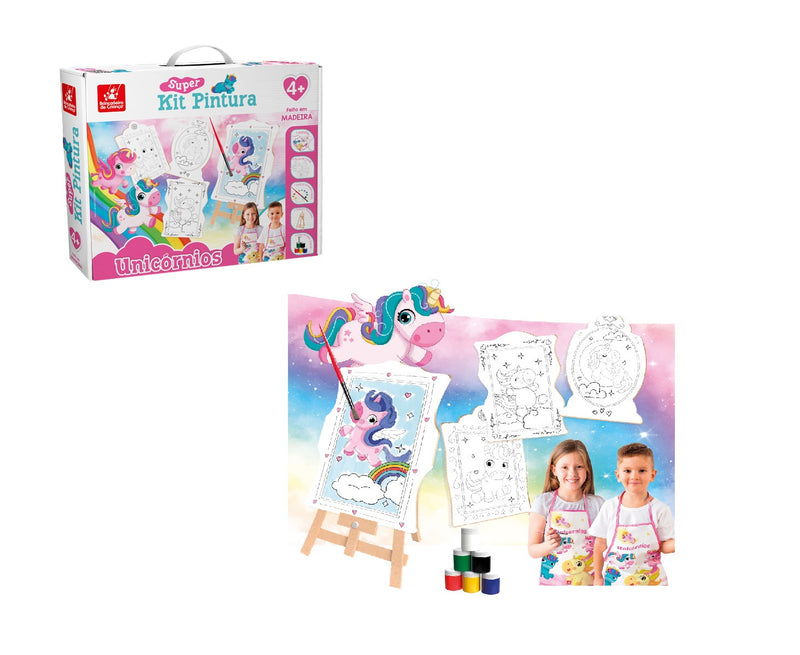 Super Kit Pintura Unicórnio Cavalete + Tela + Guache + Pincel + Avental + Godê