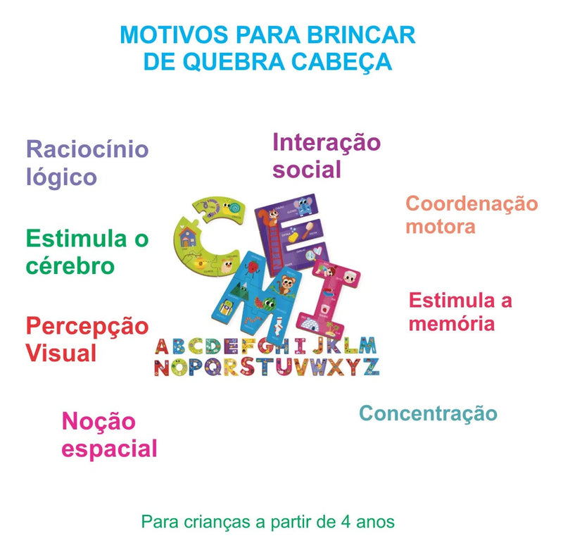 Brinquedo Educativo Quebra Cabeça Alfabeto Peças Gigante em Mdf
