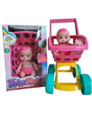 Boneca Bebê Tinker Vinil Macia C/ Carrinho Compras e Chupeta