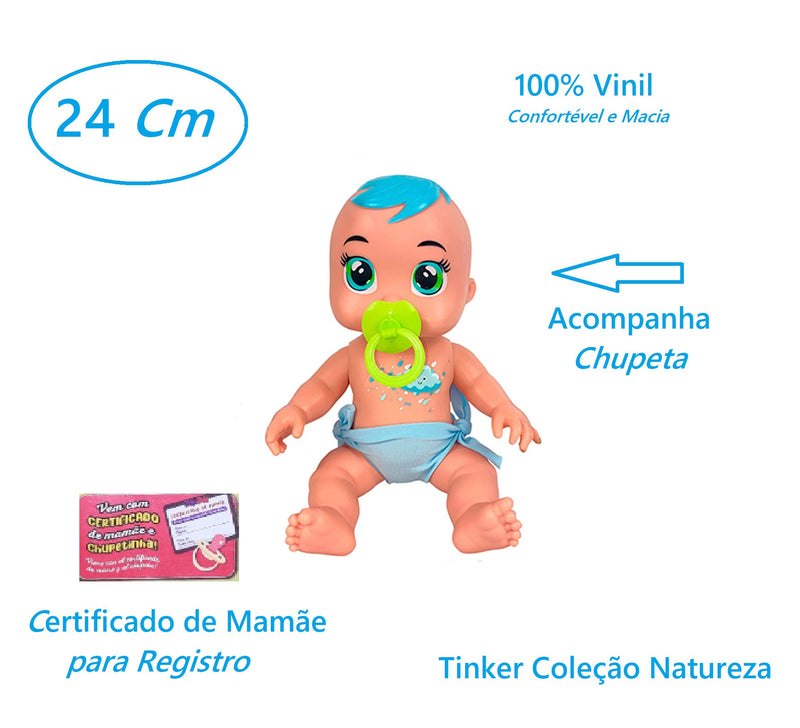 Boneca Tinker Baby Coleção Natureza 24 Cm Com Chupeta e Certificado Mamãe
