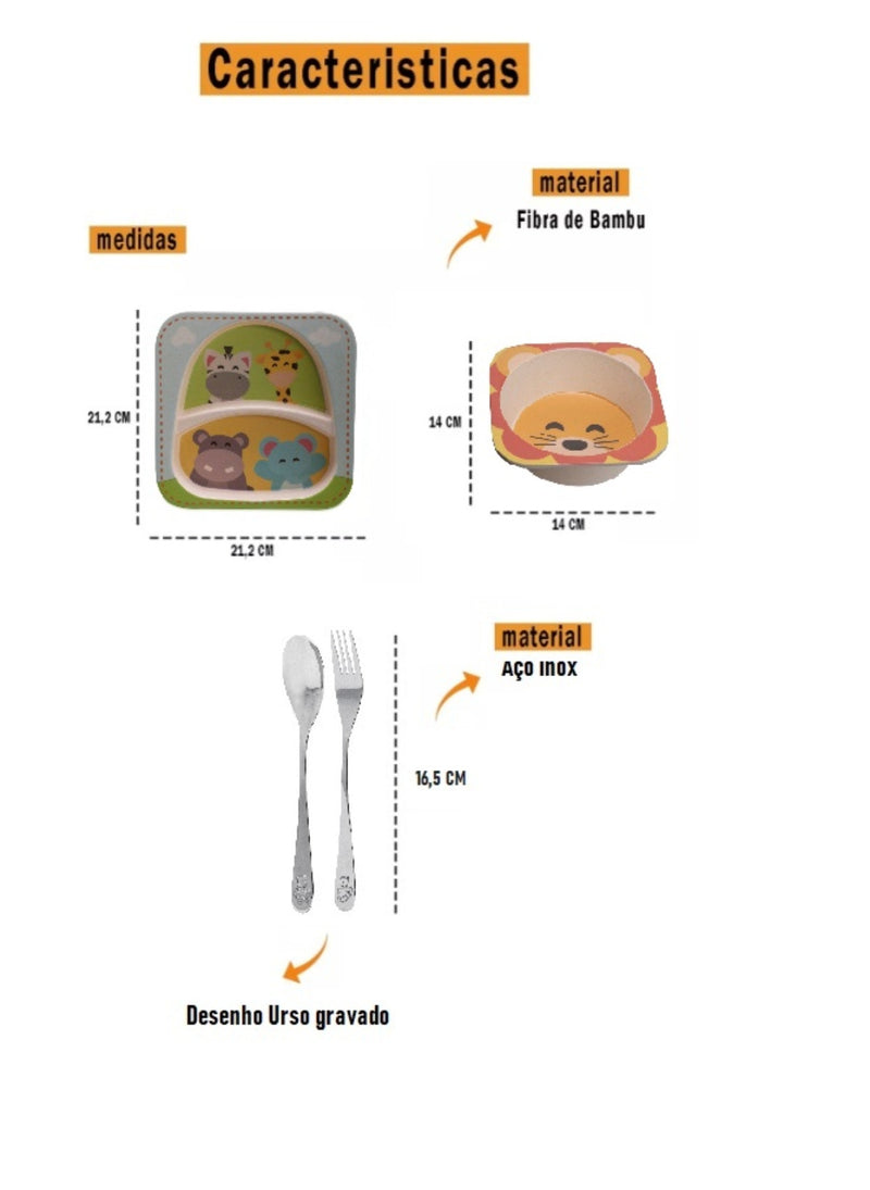Jogo para Refeição Infantil Pratinho + Bowl + 2 Talheres
