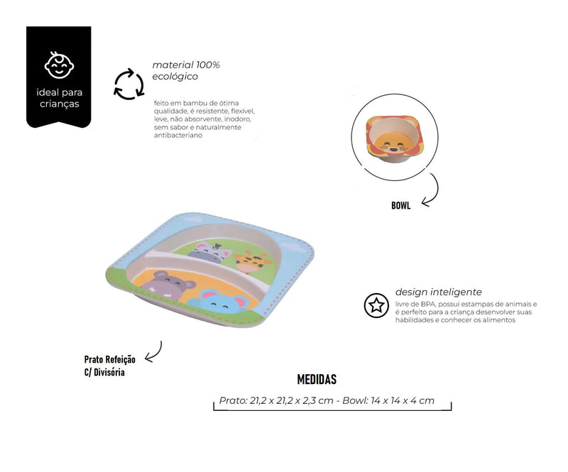 Jogo para Refeição Infantil Pratinho + Bowl + 2 Talheres