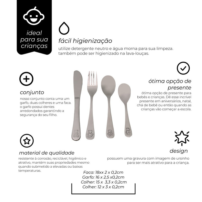 Jogo de Talheres Infantil Bear 4 Peças Aço Inox Bichinhos