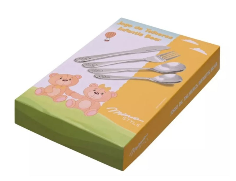Jogo de Talheres Infantil Bear 4 Peças Aço Inox Bichinhos