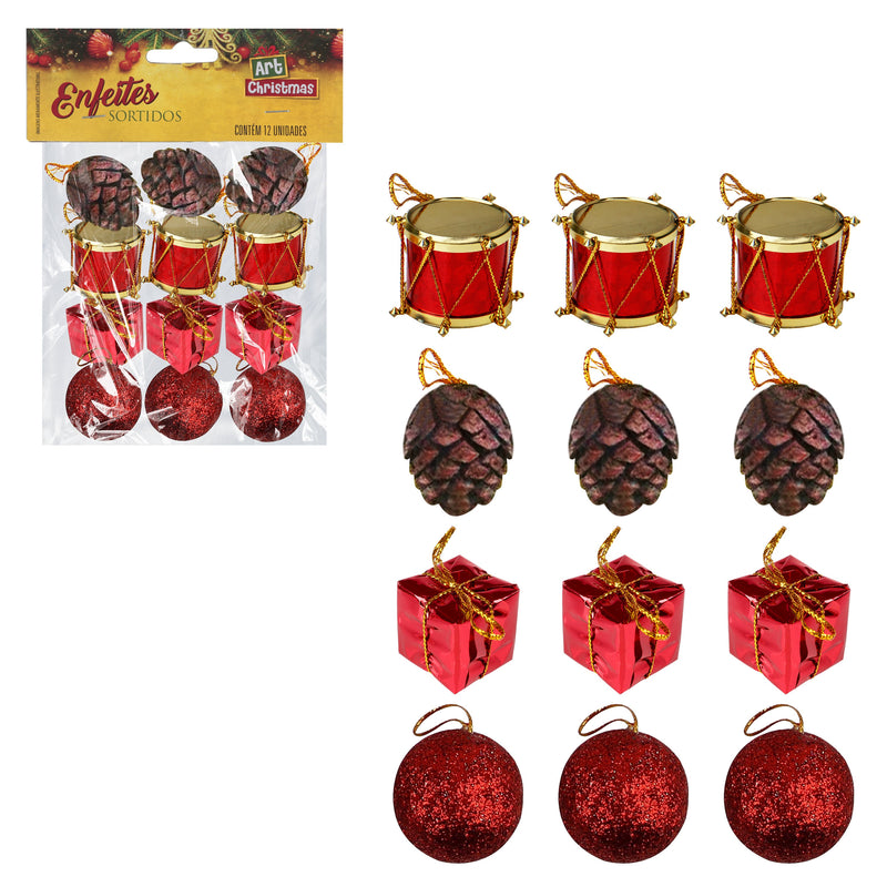 Kit 12 Mini Enfeite Pendurar Natal Presente Pinha Bolinha Tambor