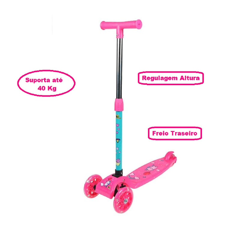 Patinete 3 Rodinhas C/ Led Regulagem Infantil Unicórnio Rosa