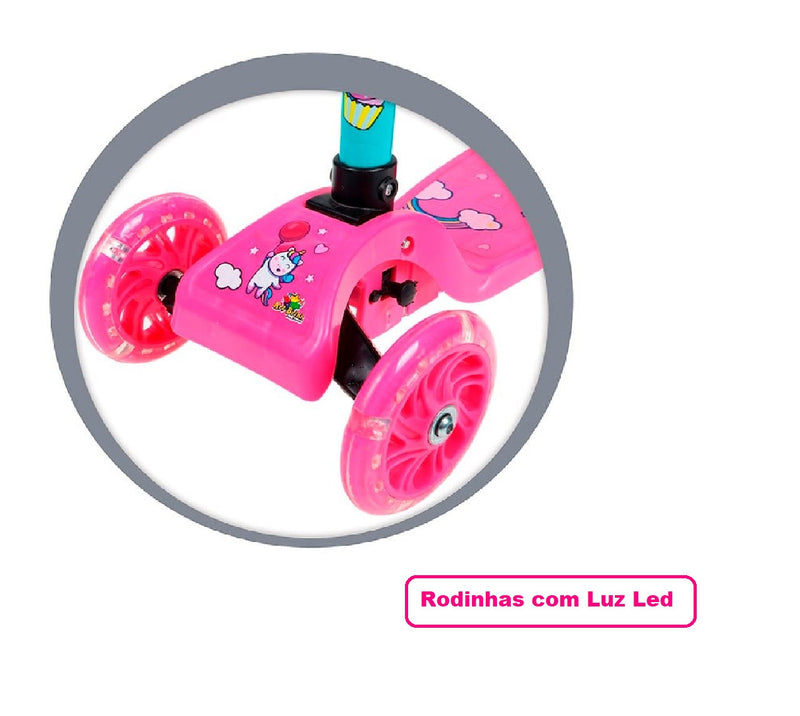 Patinete 3 Rodinhas C/ Led Regulagem Infantil Unicórnio Rosa