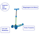 Patinete 3 Rodinhas C/ Led Regulagem Infantil Irado Azul