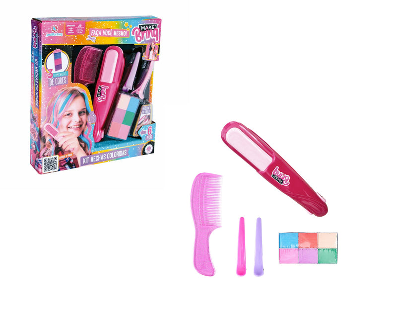 Kit Mechas Coloridas Infantil Com Prancha Pintar Cabelo e Acessórios - Make Brinq