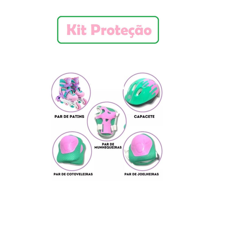 Patins Infantil 2 em 1  Inline C/ Kit Proteção Rosa - Turma da Aventura