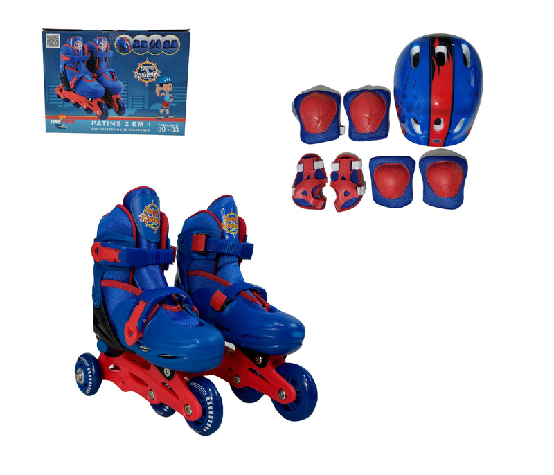 Patins Infantil 2 em 1 Inline C/ Kit Proteção Azul - Turma da Aventura